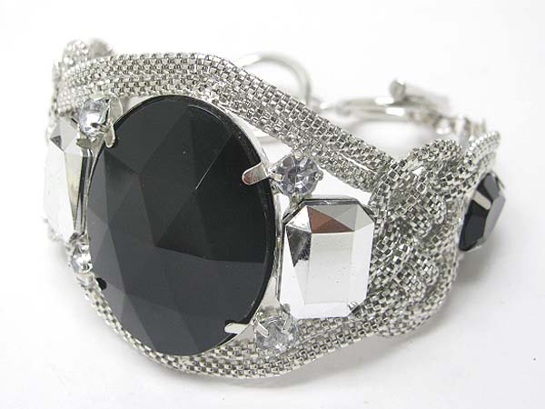 Big eye facet acryl stone and braided tube chain link bracelet