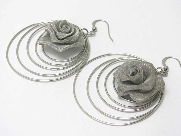 Metal mesh flower deco multi hoop drop earring - hoops