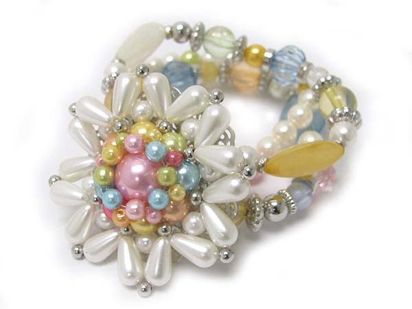 Multi pearl and metal beads deco flower top mixed beads stretch bracelet