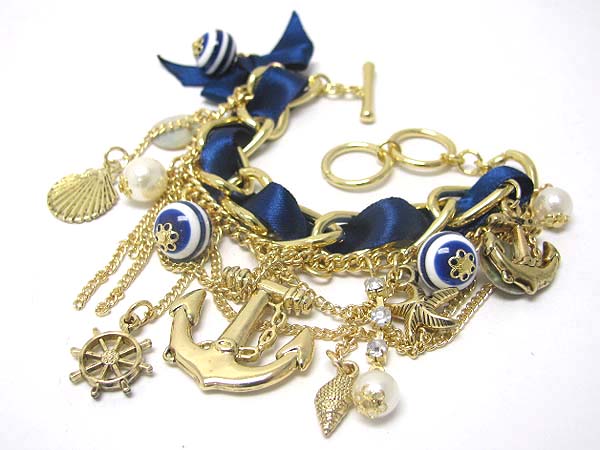 Nautical theme charm dangle multi chain toggle bracelet