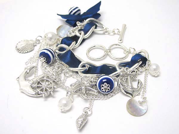 Nautical theme charm dangle multi chain toggle bracelet