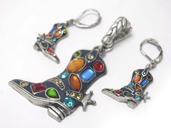 Crystal and glass deco cowboy boots pendant and earring set