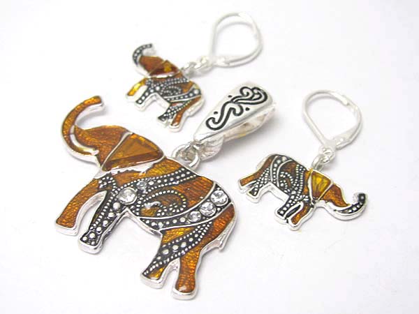 Crystal and metal epoxy elephant pendant and earring set