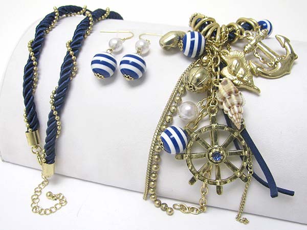 Multi nautical theme charm and beads dangle rope long neckalce earring set