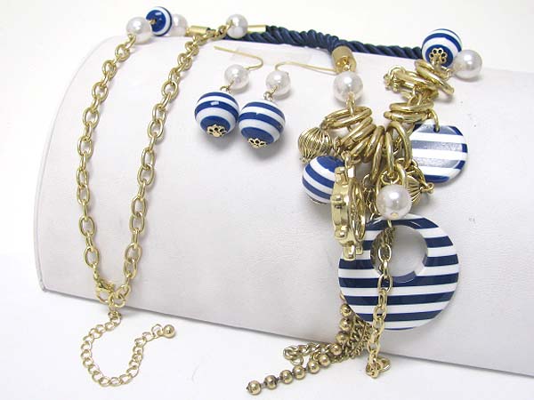 Multi nautical theme charm and beads dangle long chain neckalce earring set