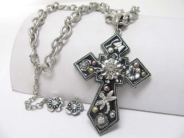 Antique style crystal and metal deco cross pendant necklace earring set