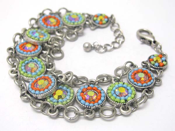 Crystal and seed beads art disk and dual metal chain link bracelet