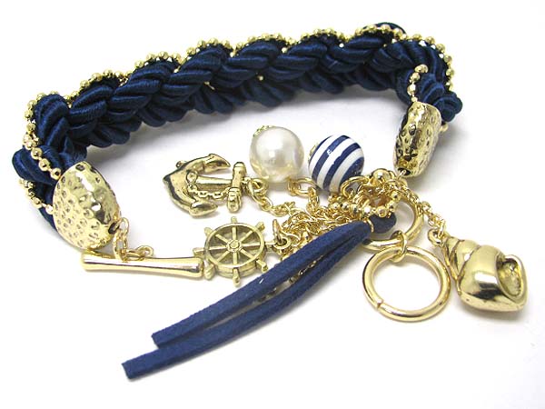 Multi nautical theme charm and beads dangle braided rope bracelet