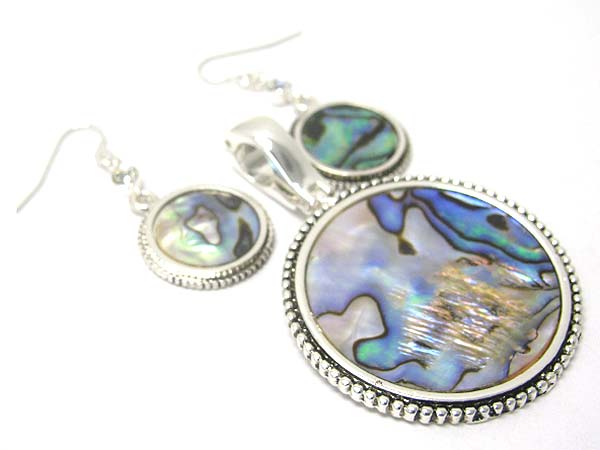 Natural abalone and texture metal round pendant earring set