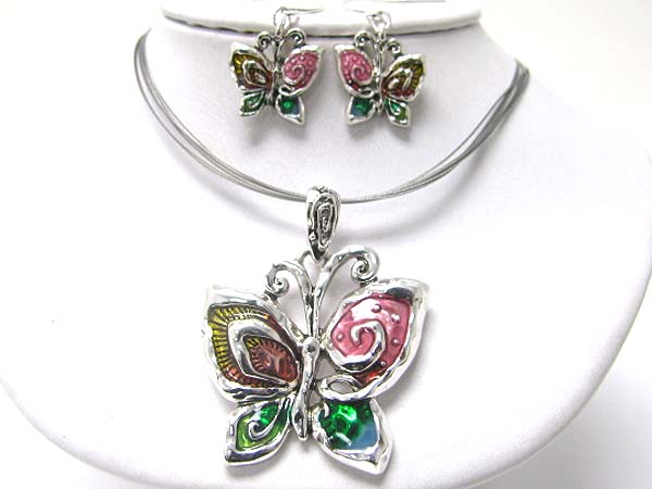 Enameled textured metal butterfly necklace earring set