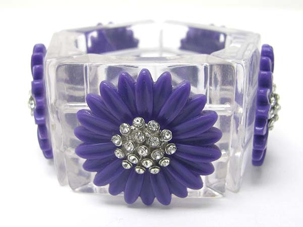 Crystal deco flower semi transparent acryl stick link stretch bracelet