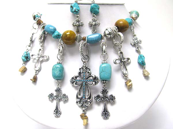 Mixed natural stone and cross long drop neckalce earring set