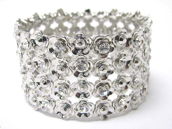 4 row crystal stud little metal flower link stretch bracelet