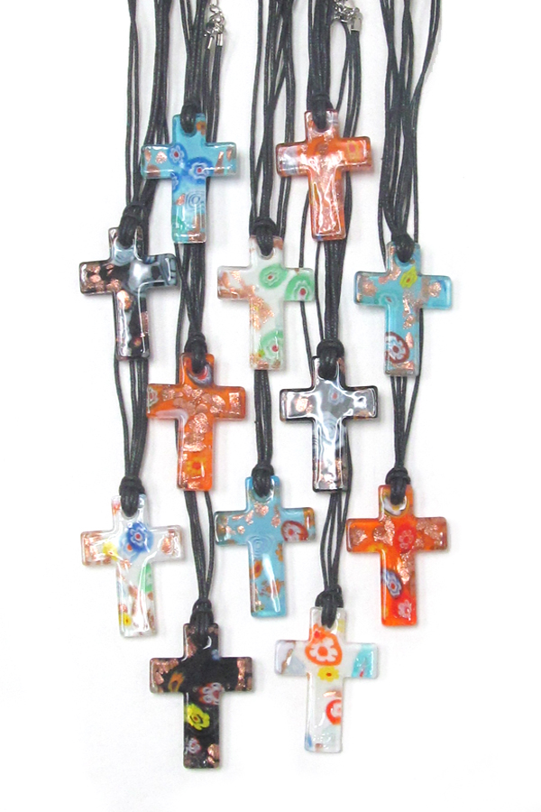 Assort color murano glass style cross pendant necklace-12 pc dozen pack mens jewelry