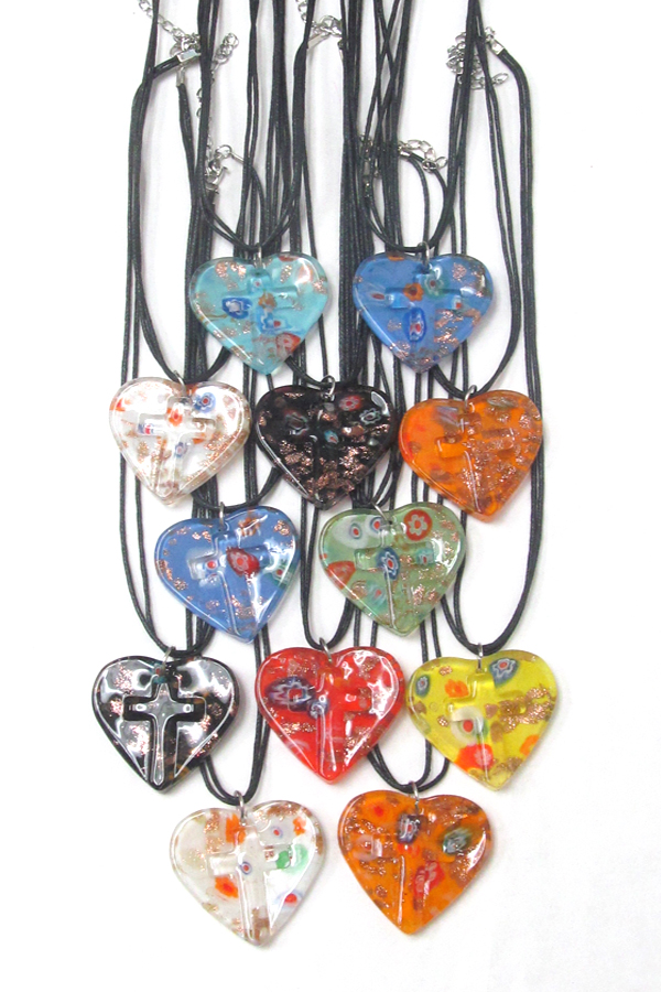 Assort color murano glass style heart pendant necklace-12 pc dozen pack mens jewelry