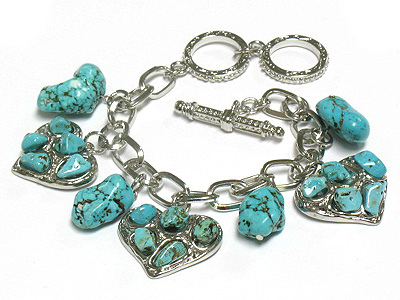 Turquoise deco heart charm toggle bracelet