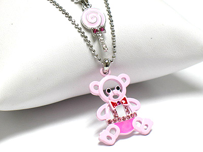 Crystal stud epoxy baby bear and lollypop necklace