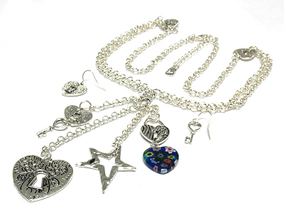 Multi heart charm long drop chain neckalce and earring set