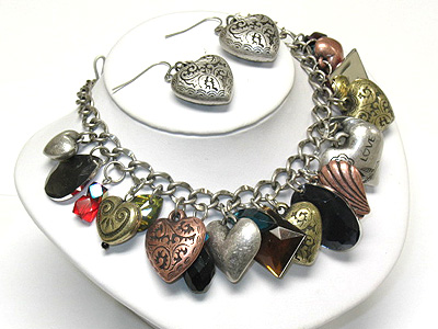 Multi hollow metal heart dangle chain necklace and earring set