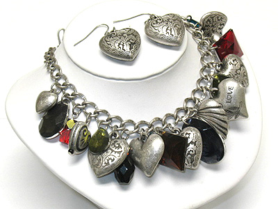 Multi hollow metal heart dangle chain necklace and earring set