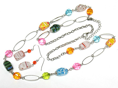 Multi fossil glass candy beads link long necklace and earring set