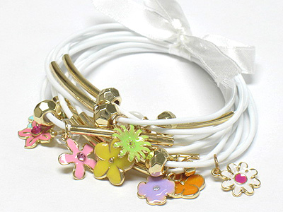 Flower charms dangle ribbon tied multi cord bracelet