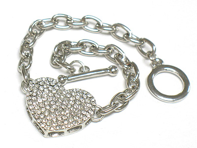 Crystal heart and chain link toggle bracelet