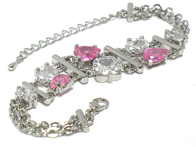 Double line cubic zirconia stone link bracelet