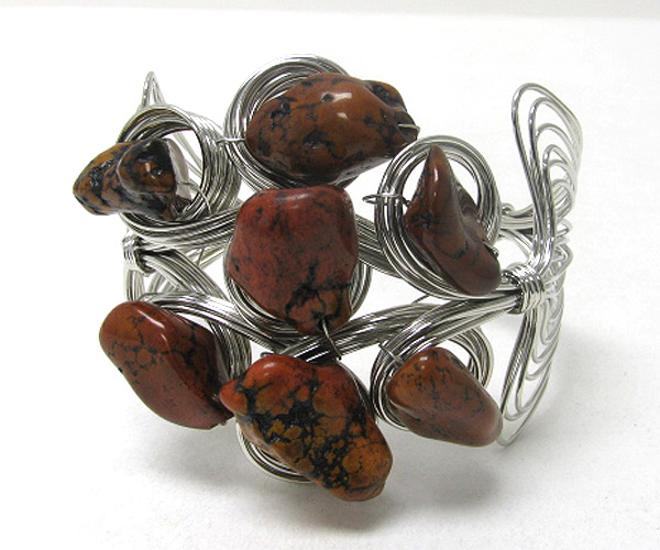 Natural stone deco metal wired cuff bangle