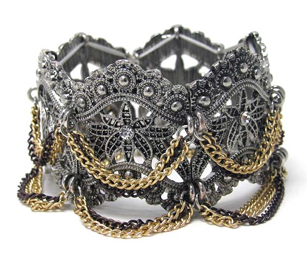 Crystal center deco metal filigree and chain drop stretch bracelet