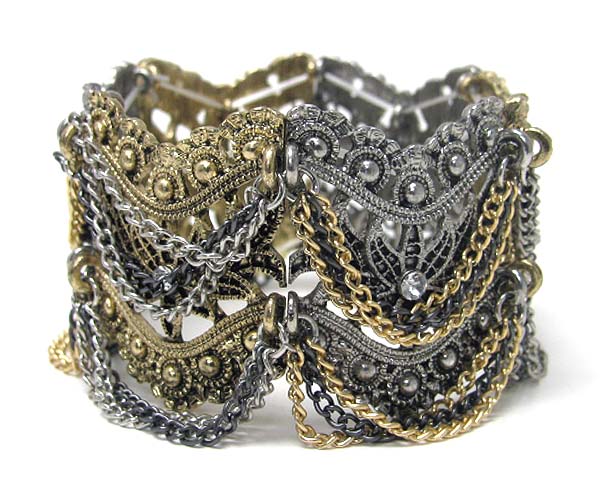 Crystal center deco metal filigree and chain drop stretch bracelet