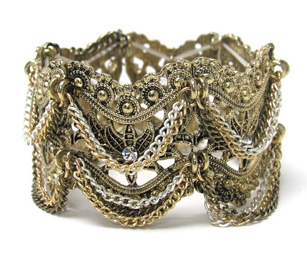 Crystal center deco metal filigree and chain drop stretch bracelet