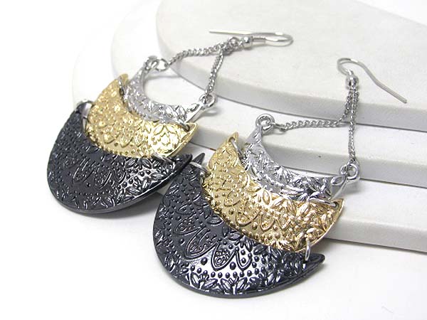 Textured triple crescent link drop earring