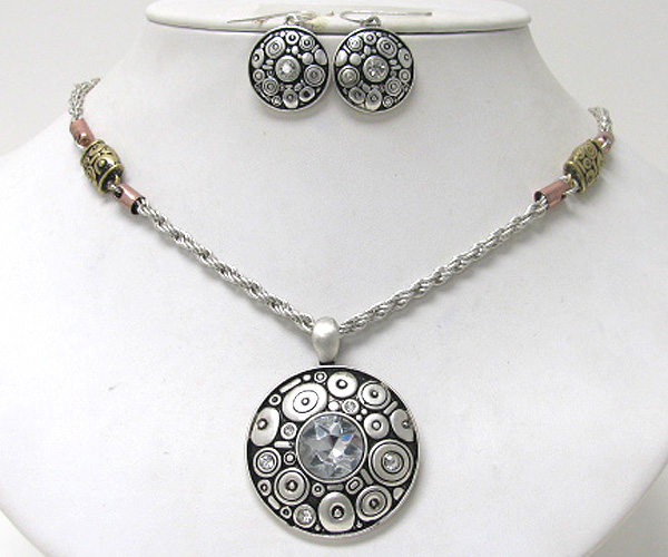 Multi bubble and crystal accent disk pendant necklace earring set