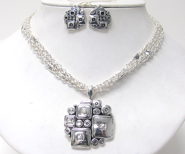 Multi square and crystal accent pendant necklace earring set