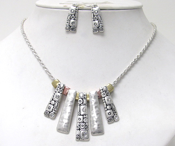 Metal casting and crystal deco bar drop tribal style necklace earring set