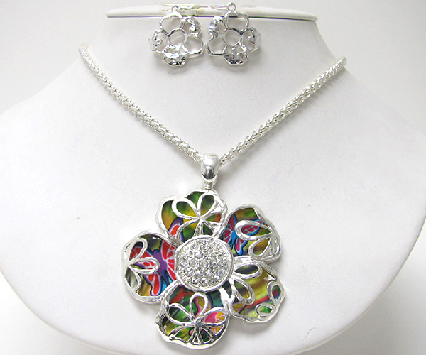 Crystal deco metal flower and paint back pendant necklace earring set