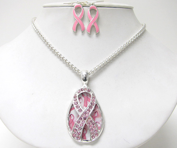 Crystal pink ribbon and paint back pendant necklace earring set - breast cancer awareness