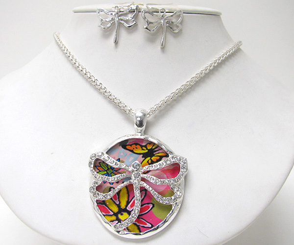 Crystal dragonfly and paint back pendant necklace earring set