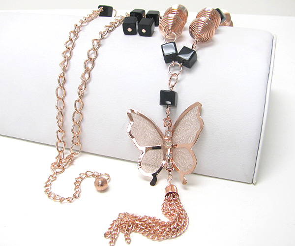 Mesh wing butterfly and tassel drop necklace earring set