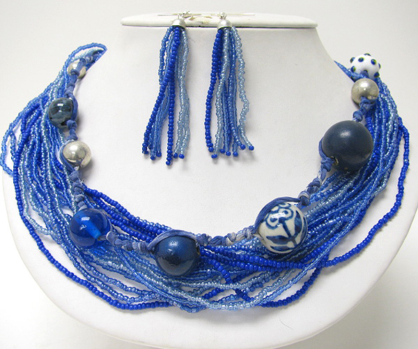 Multi row seed beads glass wood mix necklace set