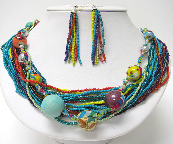 Multi row seed beads glass wood mix necklace set