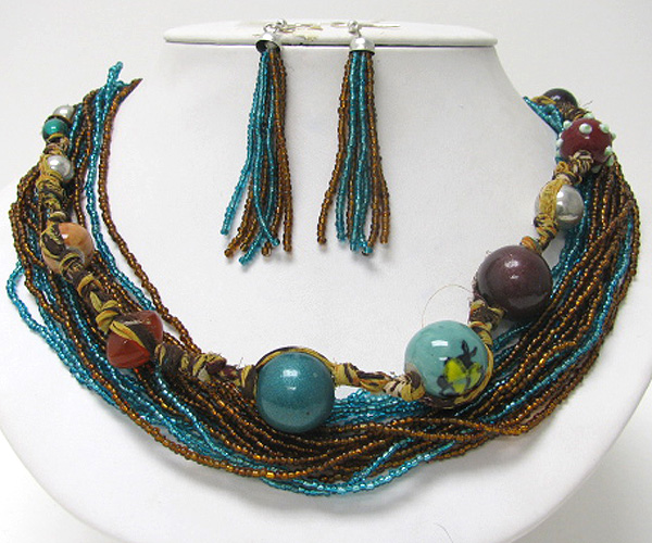 Multi row seed beads glass wood mix necklace set