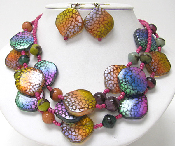 Snake skin pattern acryl disk and glass ball necklace set