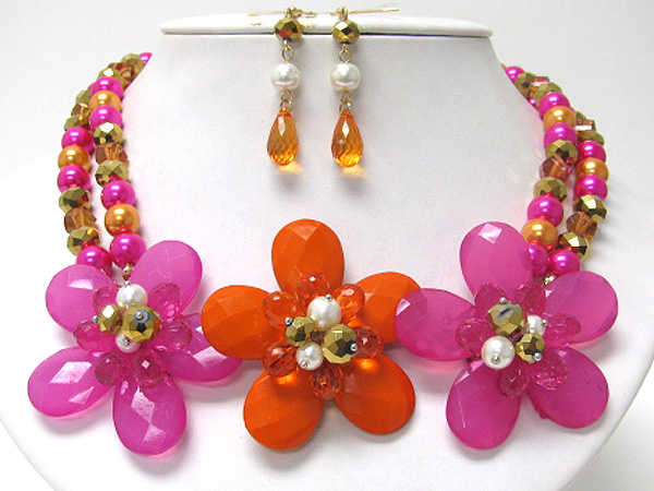 Facet stone multi beads 3 flower necklace set