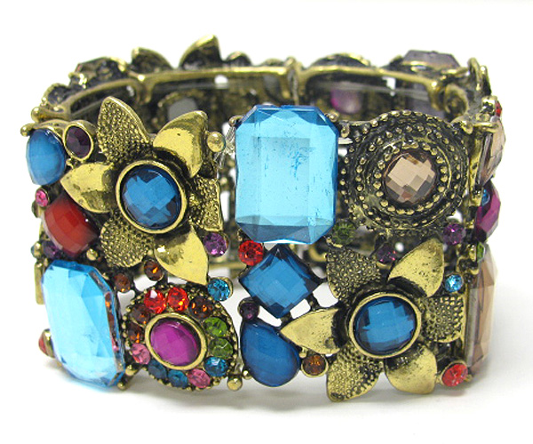 Acrylic and crystal stone deco multi flower link stretch bracelet