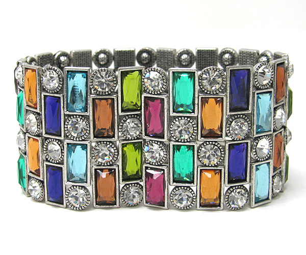 Multi acrylic stone and crystal link stretch bracelet