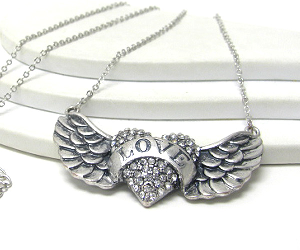 Message and crystal stud heart and angel wing necklace