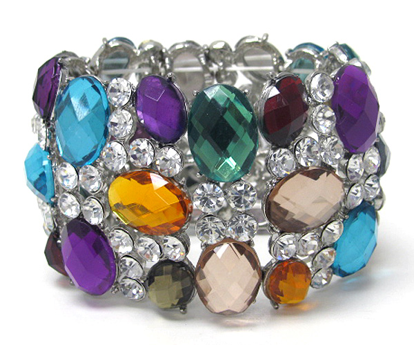 Facet glass and multi crystal stud link stretch bracelet