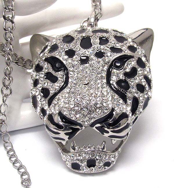 Crystal stud leopard head pendant drop chain necklace